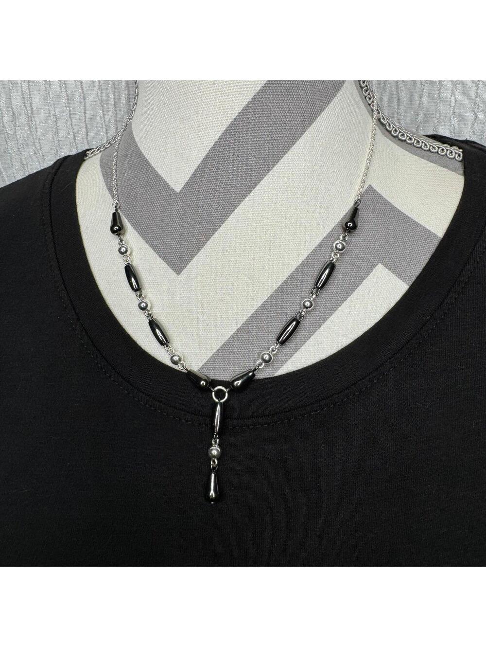 Vintage Premier Design Silver Tone Gray Hematite Bead Y Fashion Necklace